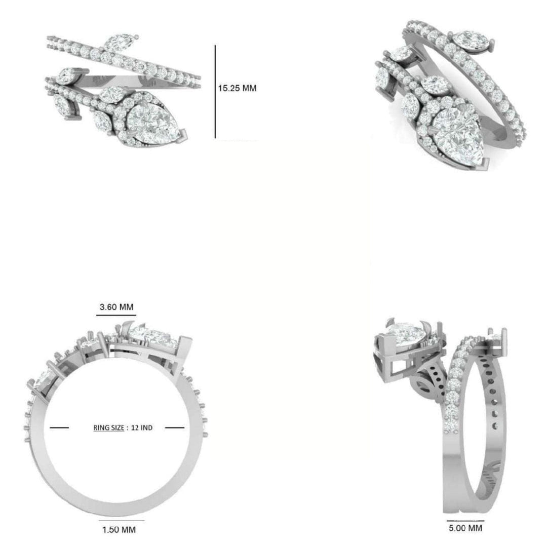 14k Solid Gold Pear Natural Diamond Leaf Ring - Nature-Inspired Statement Bypass Jewelry, Certified Jewelry