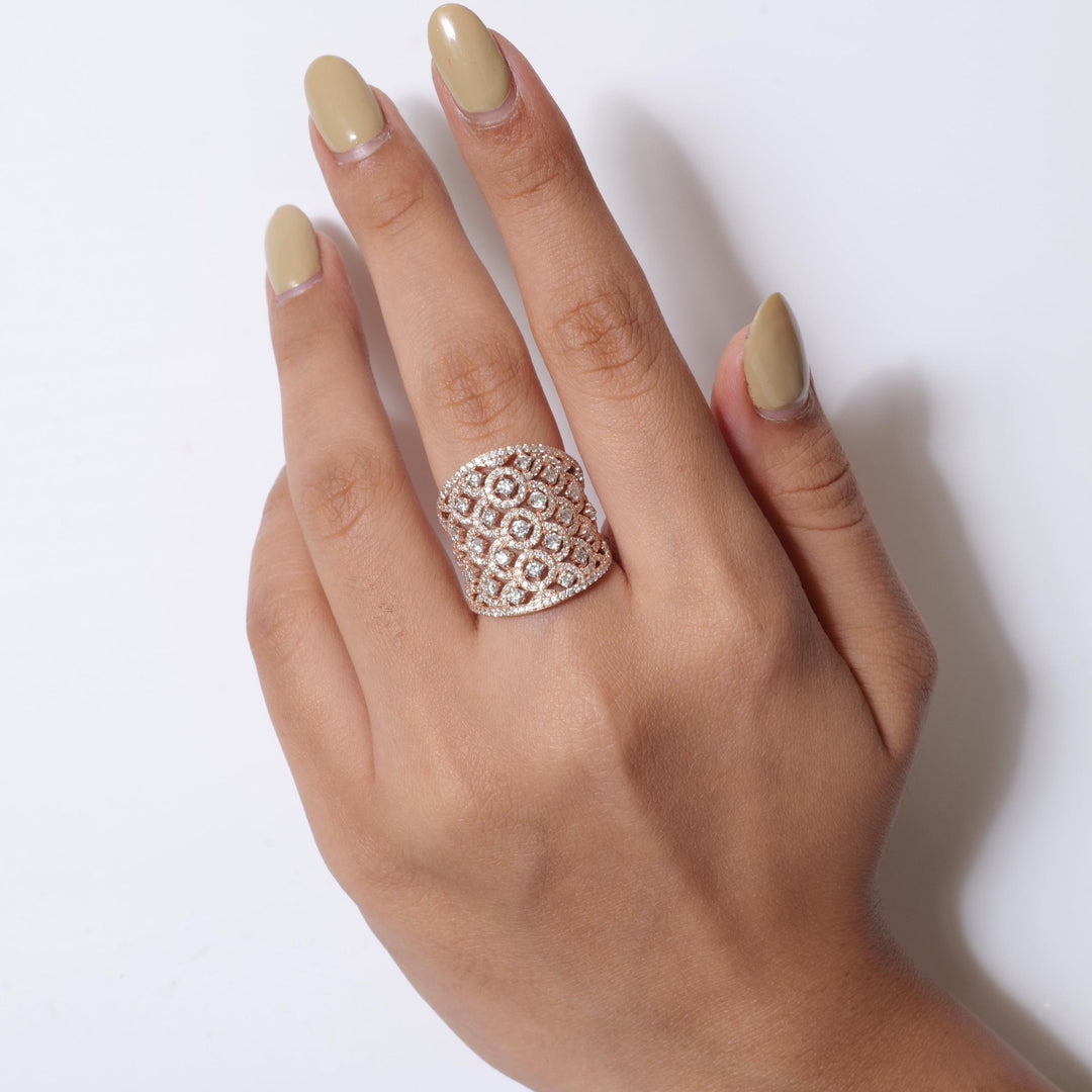 14k Solid Gold Filigree Natural Diamond Ring: Wide Band Cocktail Ring, Certified Jewelry