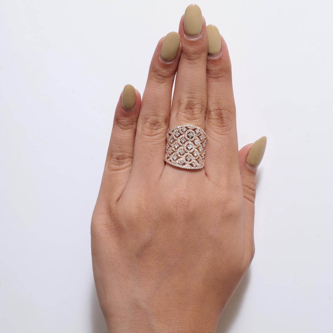 14k Solid Gold Filigree Natural Diamond Ring: Wide Band Cocktail Ring, Certified Jewelry