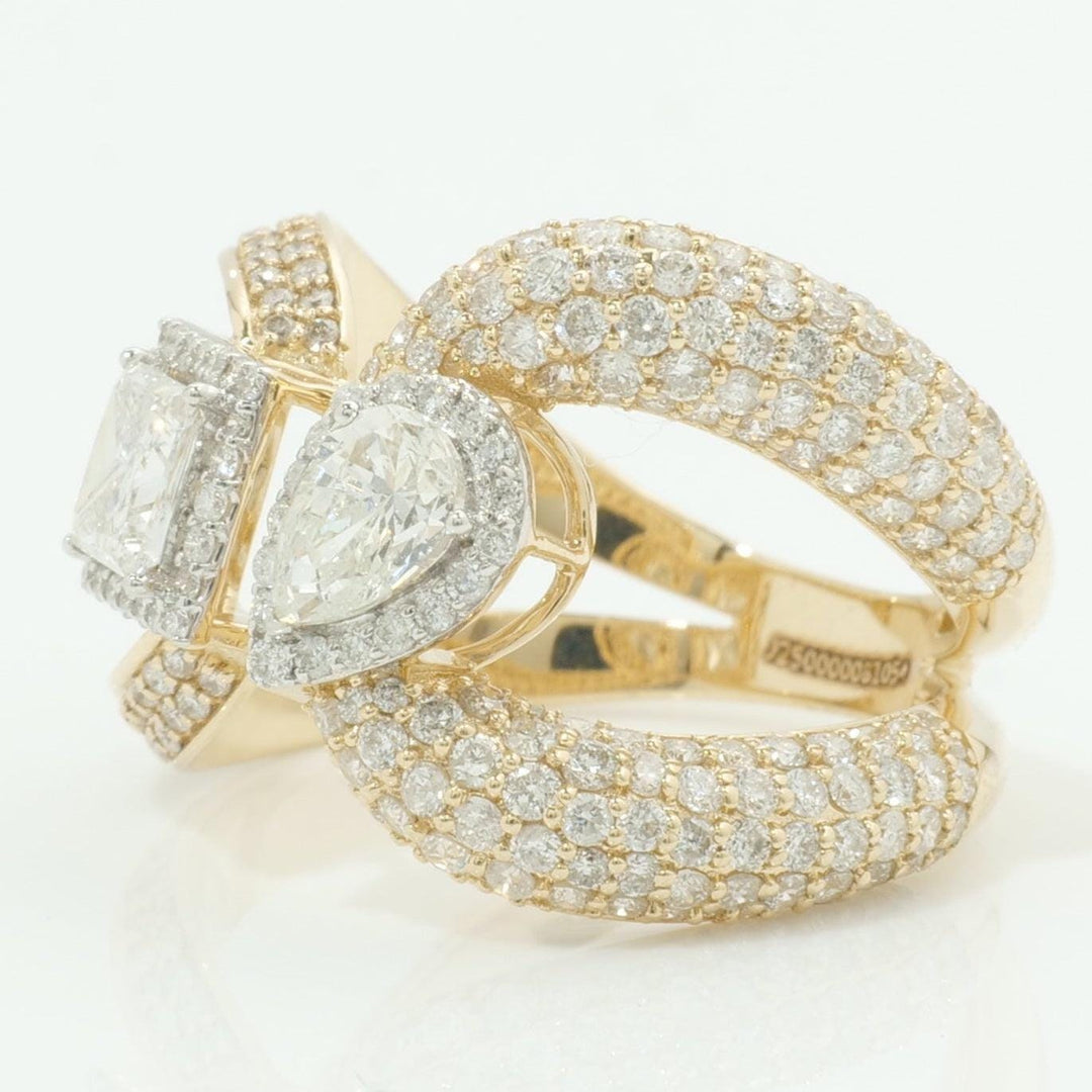 14k Solid Gold Dual Natural Diamond Ring: Princess & Pear Halo Pavé Cocktail Ring, Certified Jewelry