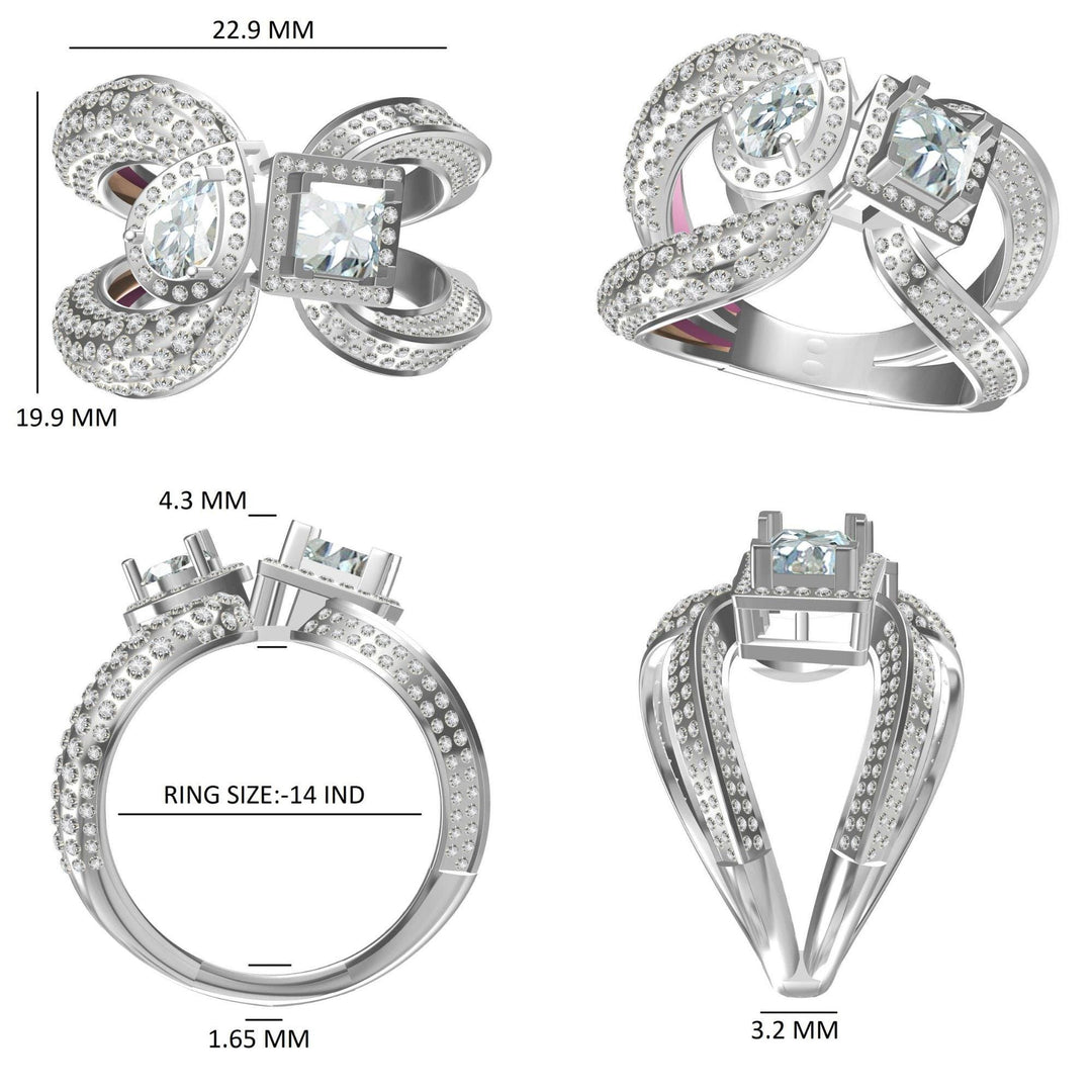 14k Solid Gold Dual Natural Diamond Ring: Princess & Pear Halo Pavé Cocktail Ring, Certified Jewelry