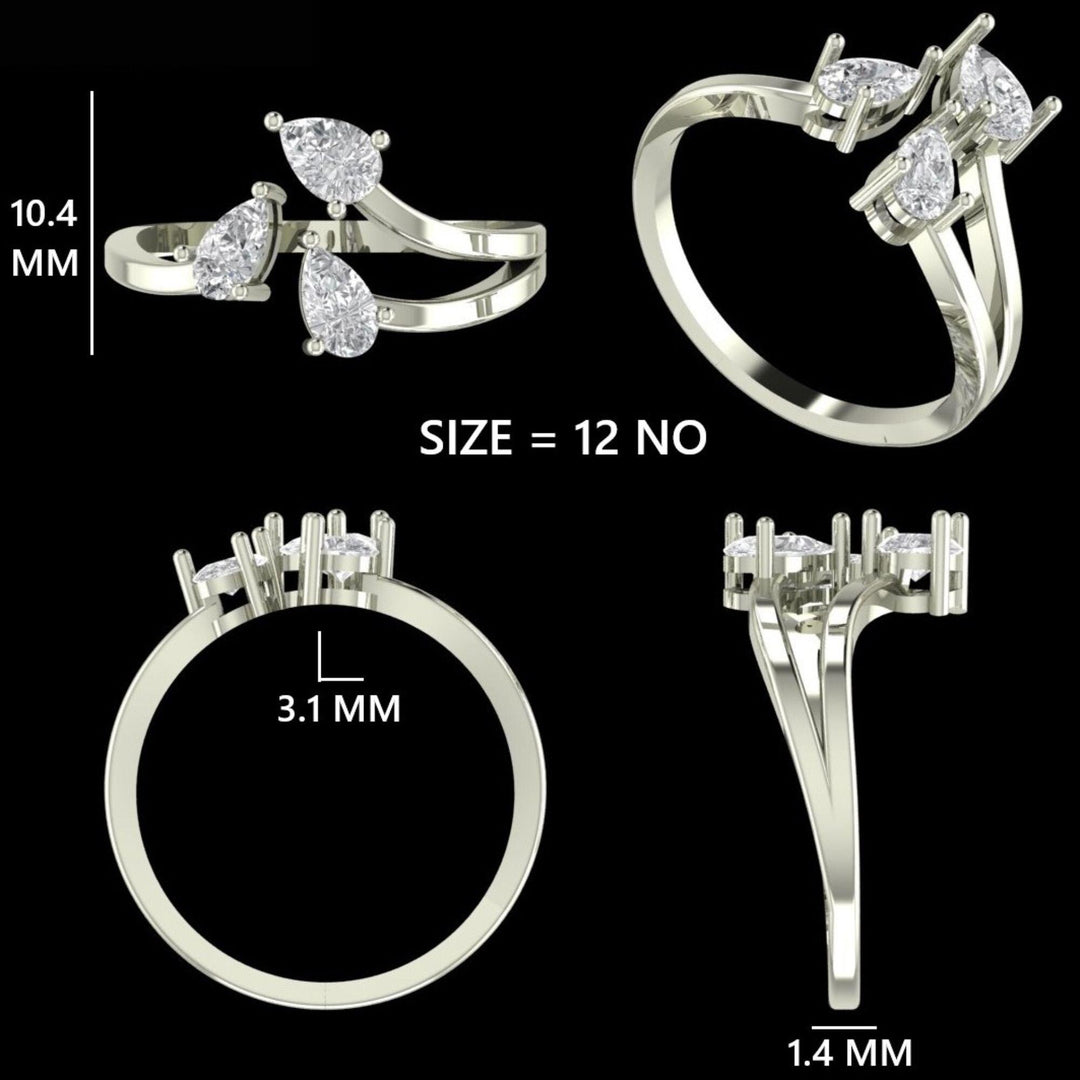Three Stone Pear Diamond Ring, 14k Solid Gold, Natural Diamonds, Bypass Split Ring, Statement Cocktail Jewellery, Certified Jewelry