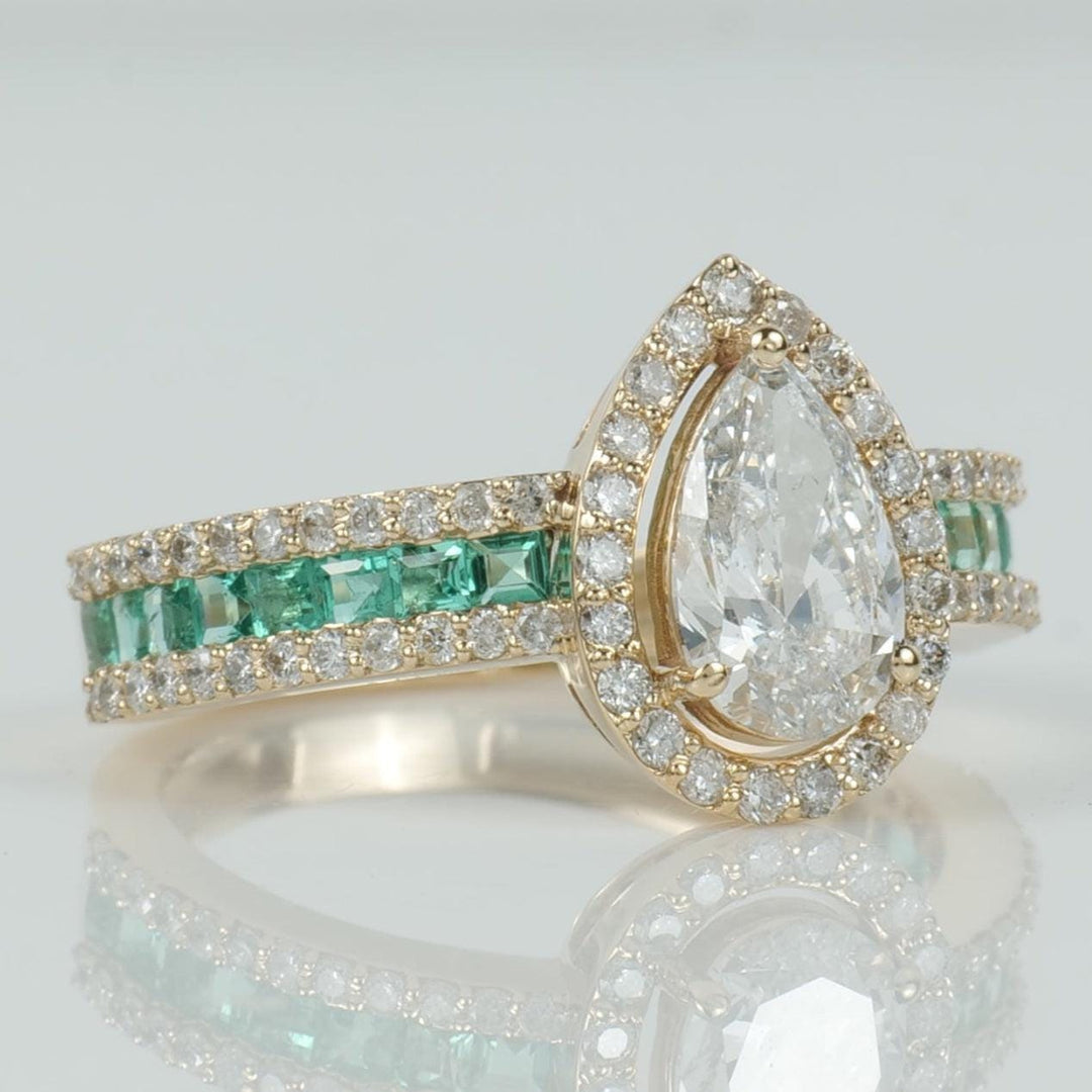 Pear Halo Diamond Ring: 14K Gold, Emerald Band, Certified