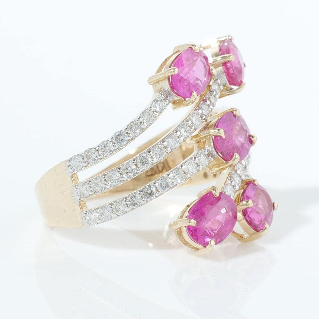 Five Stone Pink Sapphire Diamond Ring, 14k Solid Gold, Natural Diamonds, Multi Band Spiral Ring, Statement Cocktail Ring, Certified Jewelry
