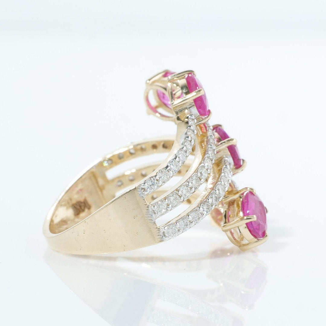 Five Stone Natural Pink Sapphire & Diamond Multi Band Ring: 14k Solid Gold Gemstone Cocktail Ring, Certified Jewelry