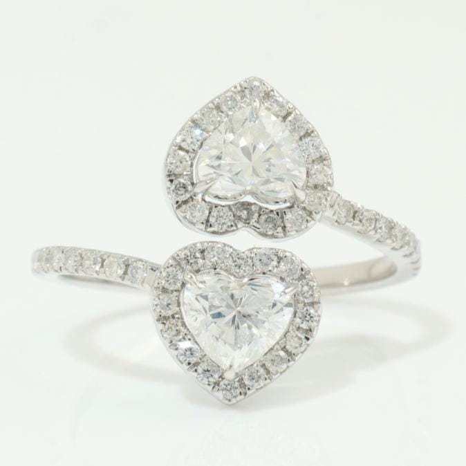 Double Heart Diamond Bypass Ring, 14k Solid Gold, Natural Diamonds, Two Stone Open Wrap Ring, Statement Love Cuff Ring, Certified Jewelry