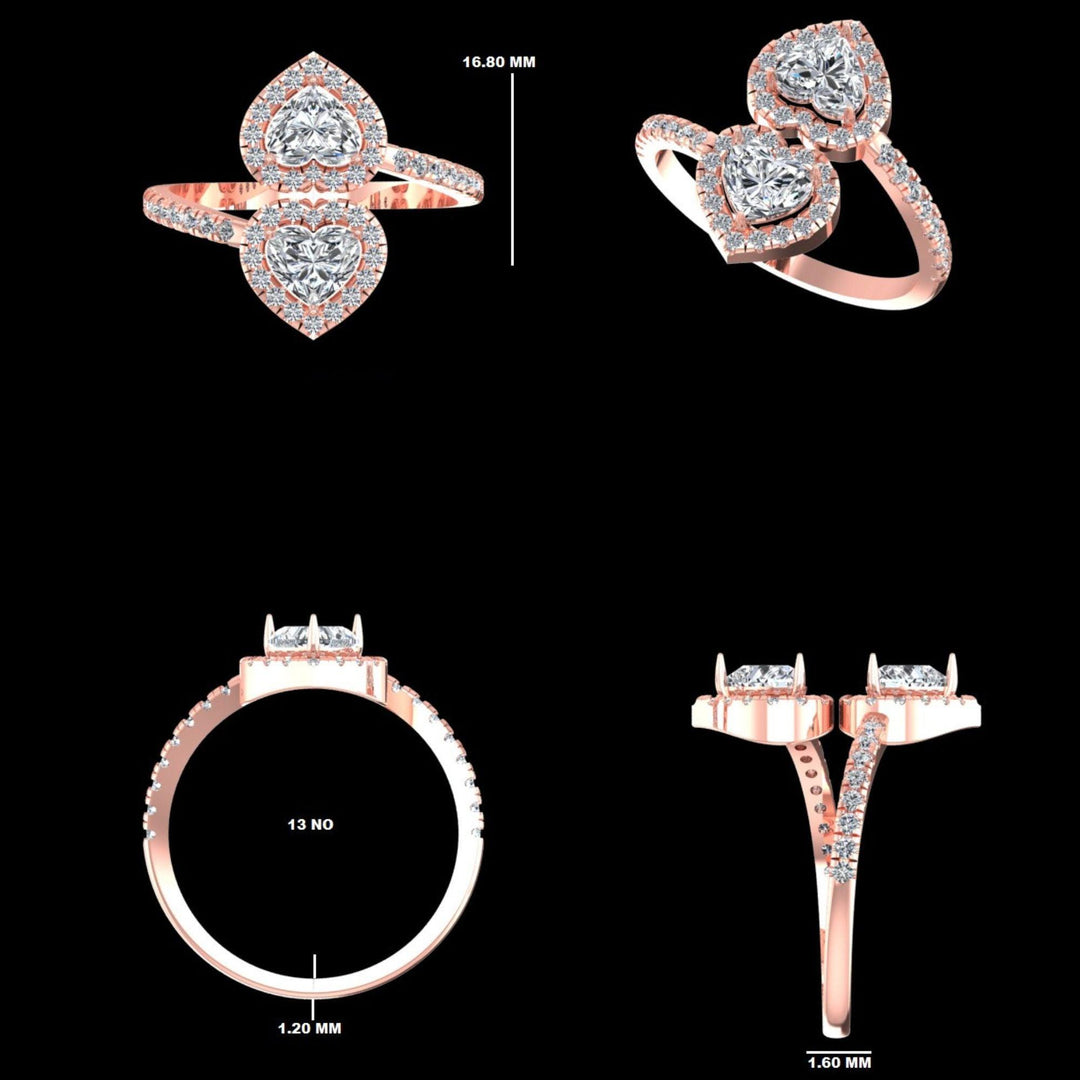 Double Heart Diamond Bypass Ring, 14k Solid Gold, Natural Diamonds, Two Stone Open Wrap Ring, Statement Love Cuff Ring, Certified Jewelry