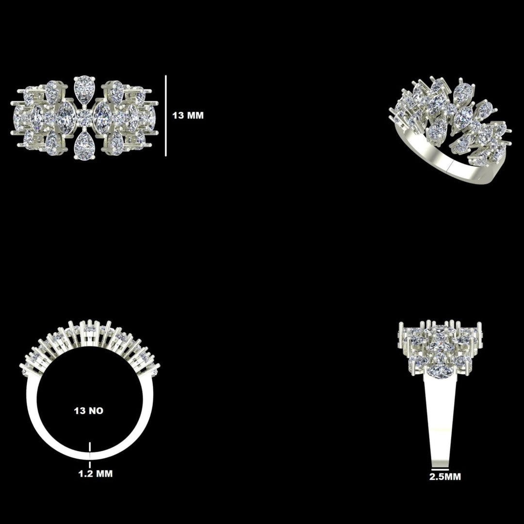 Cluster Floral Fancy Diamond Ring, 14k Solid Gold, Natural Diamonds, Marquise Pear Cut Design, Cocktail Statement Ring, Certified Jewelry