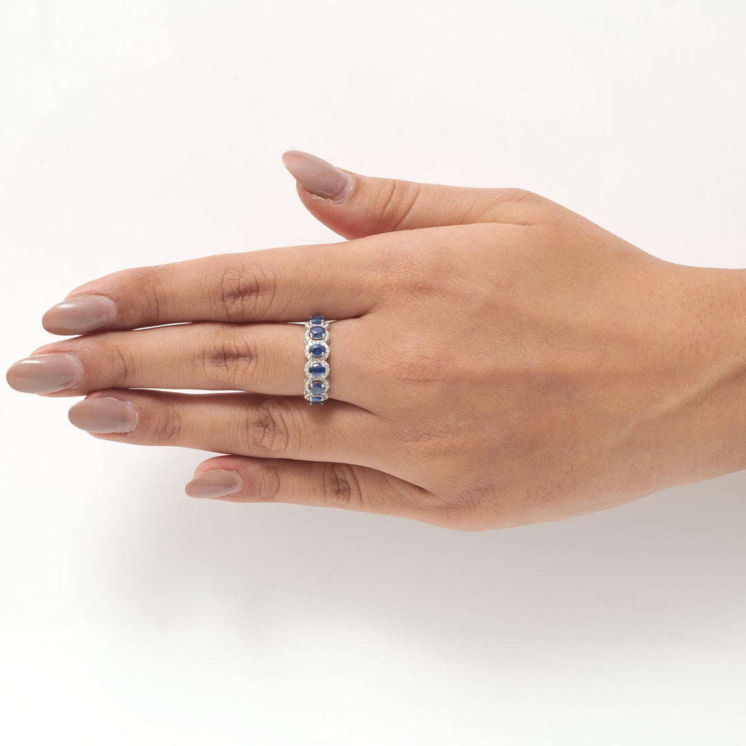 Blue Sapphire Diamond Eternity Band Ring, 14k Solid Gold, Natural Diamonds, Halo Oval Gemstone Band, Stacking Ring, Certified Jewelry