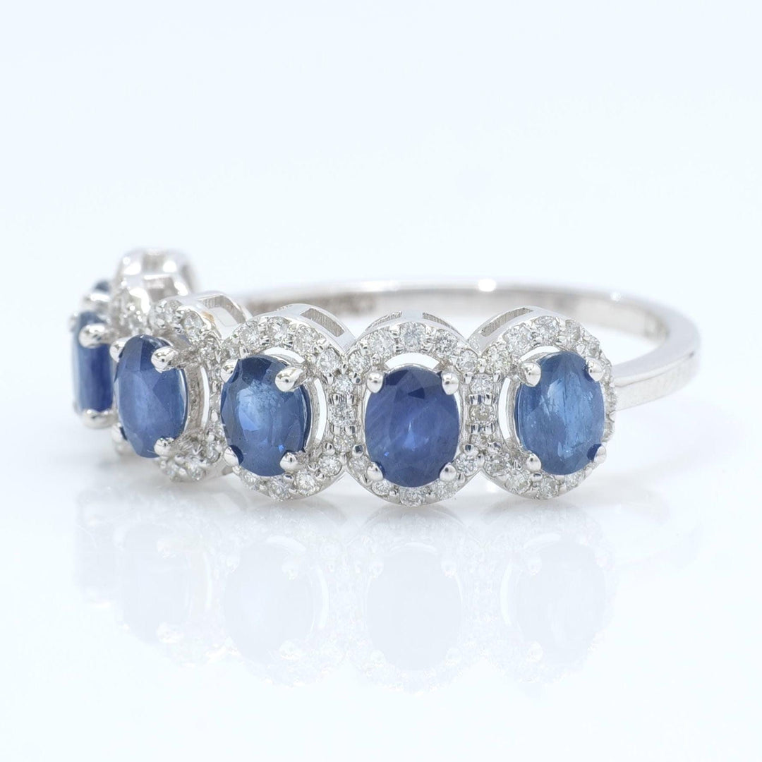 Blue Sapphire Diamond Eternity Band Ring, 14k Solid Gold, Natural Diamonds, Halo Oval Gemstone Band, Stacking Ring, Certified Jewelry