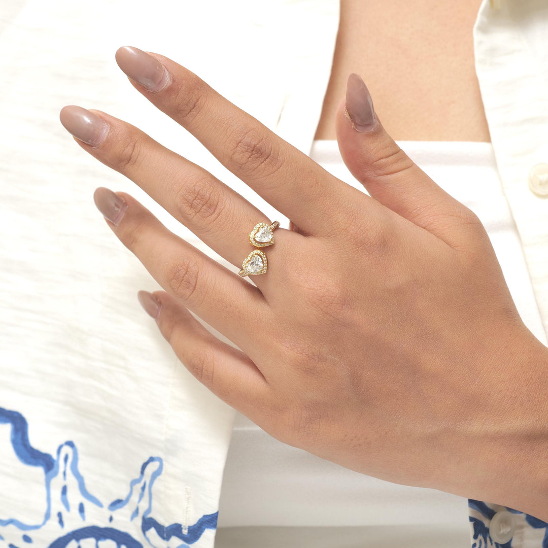 Heart Diamond Bypass Ring, 14k Solid Gold, Natural Diamonds, Twin Halo Set Proposal Ring, Statement Bridal Ring, Certified Jewelry