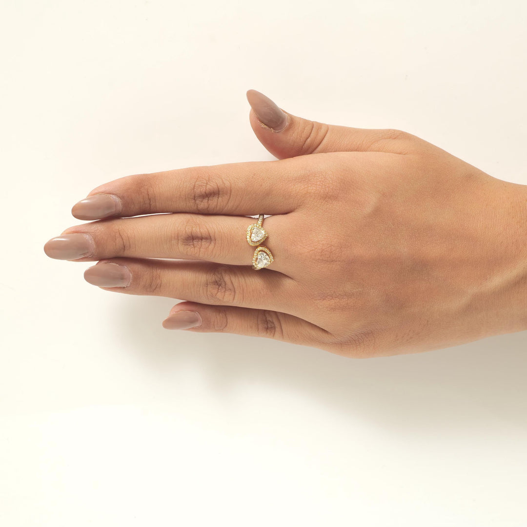 Heart Diamond Bypass Ring, 14k Solid Gold, Natural Diamonds, Twin Halo Set Proposal Ring, Statement Bridal Ring, Certified Jewelry