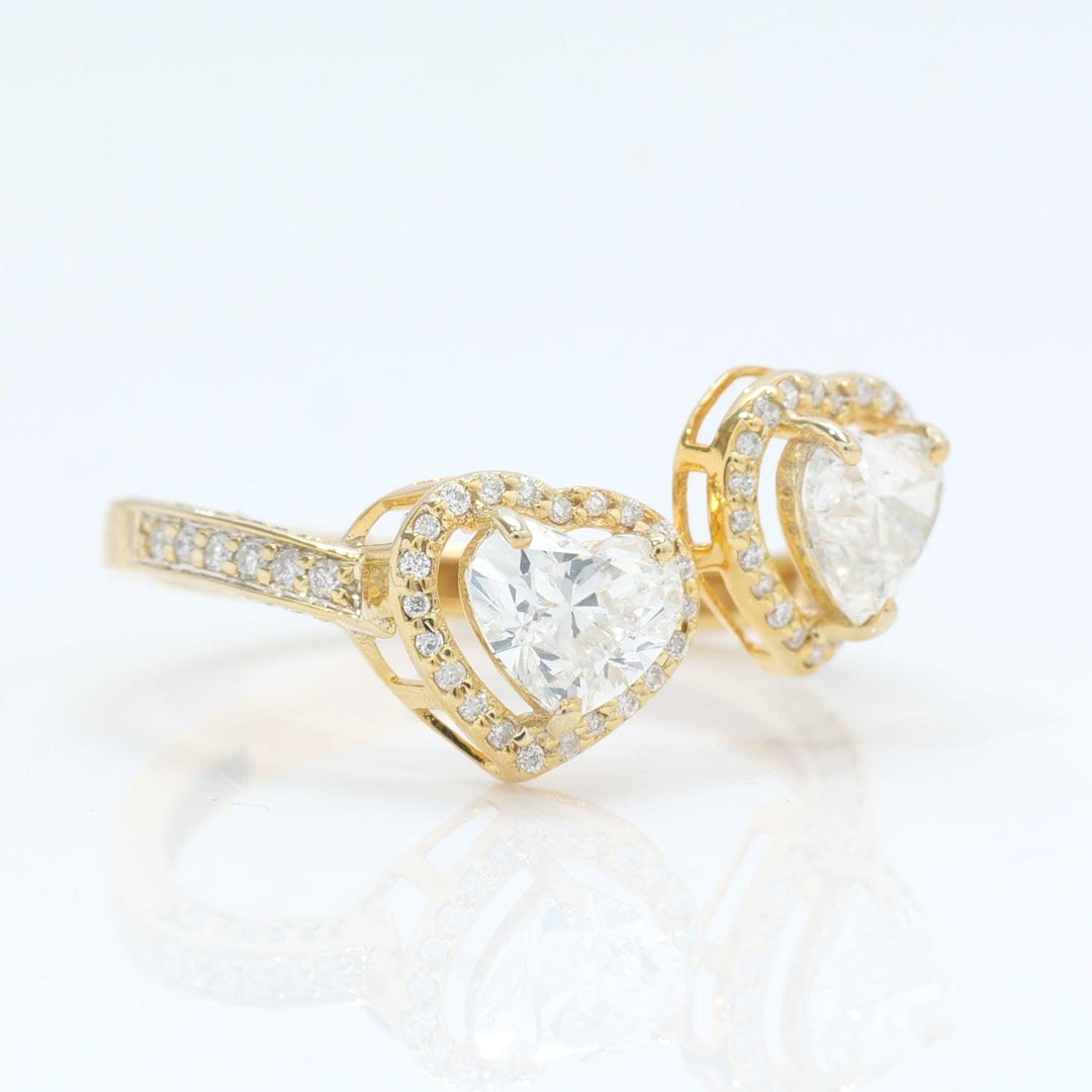 Heart Diamond Bypass Ring, 14k Solid Gold, Natural Diamonds, Twin Halo Set Proposal Ring, Statement Bridal Ring, Certified Jewelry
