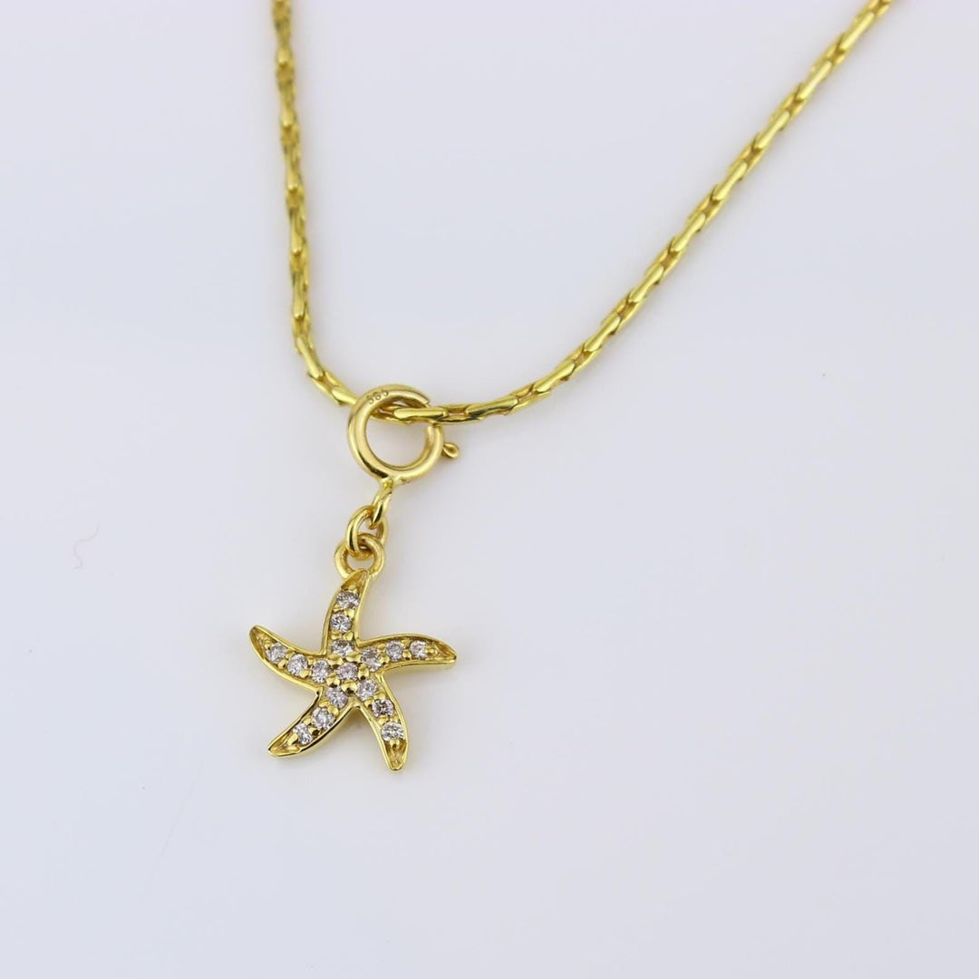 14k Solid Gold Starfish Diamond Pendant Necklace - Natural Diamond Charm