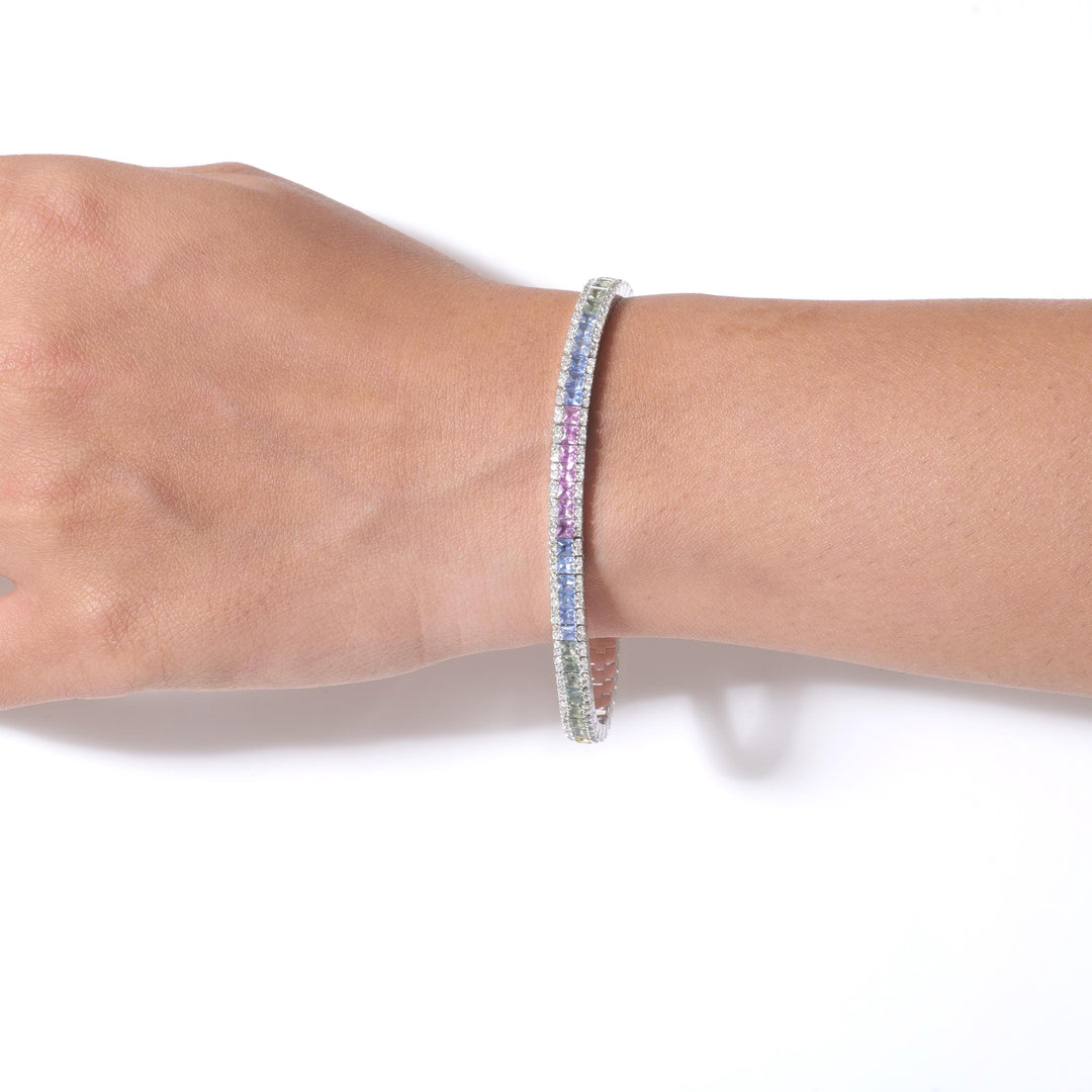 Rainbow Natural Diamond Tennis Bracelet: 14k Solid Gold Natural Sapphire Gemstone Jewelry, Certified Jewelry