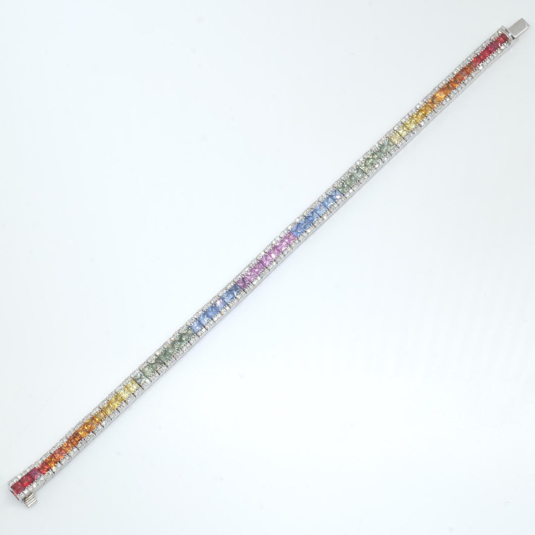 Rainbow Natural Diamond Tennis Bracelet: 14k Solid Gold Natural Sapphire Gemstone Jewelry, Certified Jewelry