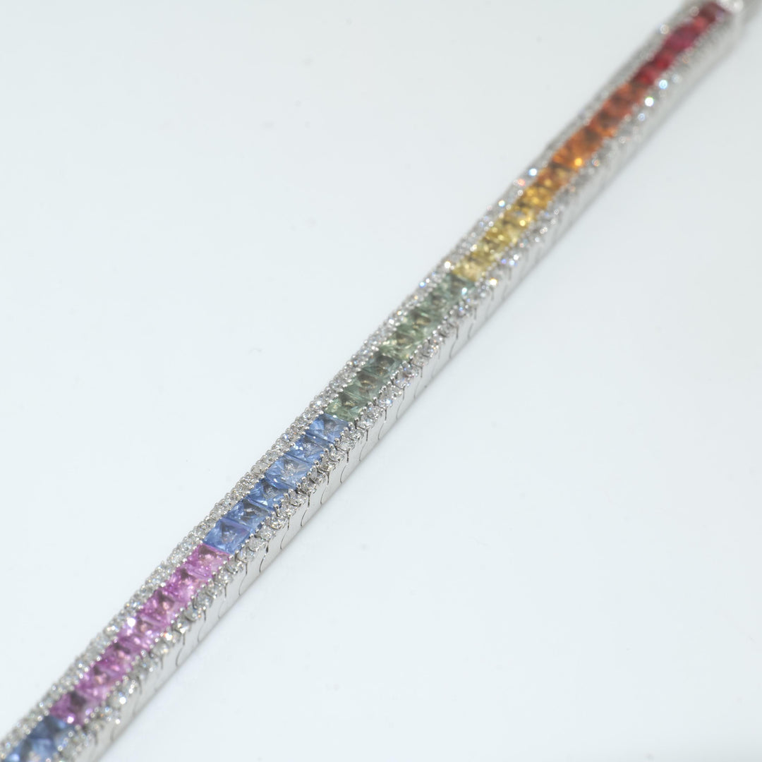 Rainbow Natural Diamond Tennis Bracelet: 14k Solid Gold Natural Sapphire Gemstone Jewelry, Certified Jewelry