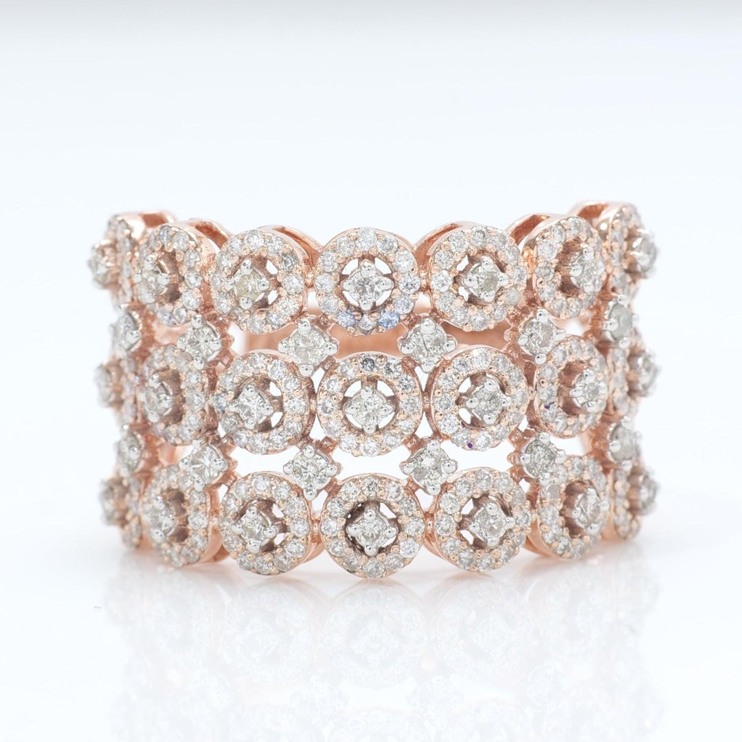 Three Row Wide Diamond Band Ring, 14k Solid Gold, Natural Diamonds, Pave Halo Set, Cocktail Statement Jewelry, Certified Jewelry