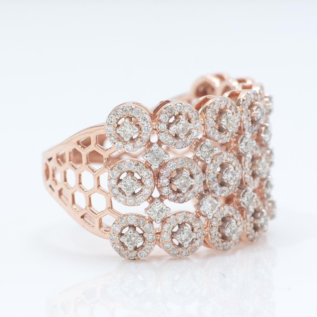 Three Row Wide Diamond Band Ring, 14k Solid Gold, Natural Diamonds, Pave Halo Set, Cocktail Statement Jewelry, Certified Jewelry