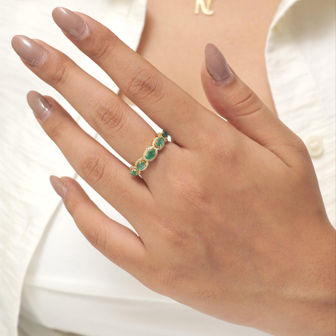 Oval Emerald Diamond Ring, 14k Solid Gold, Natural Diamonds, Halo Eternity Gemstone Band, Statement Ring, Stackable Band, Certified Jewelry