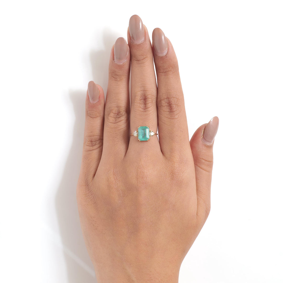 Emerald Diamond Ring, 14k Solid Gold, Natural Diamonds, Three Stone Gemstone Ring, Statement Birthstone Ring, Certified Jewelry