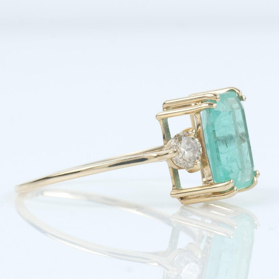 Natural Emerald & Diamond Ring: 14k Solid Gold Three Stone Gemstone Jewellery, Certified Jewelry