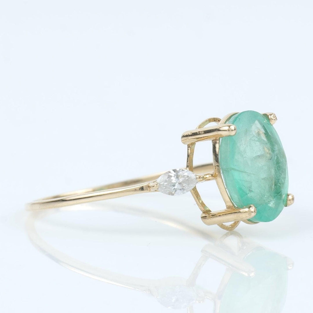 Oval Green Emerald Diamond Ring, 14k Solid Gold, Natural Diamonds, Three Stone Gemstone Jewelry, Birthstone Everyday Ring, Cetified Jewelry