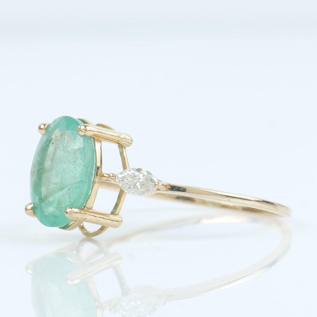 Oval Green Emerald Diamond Ring, 14k Solid Gold, Natural Diamonds, Three Stone Gemstone Jewelry, Birthstone Everyday Ring, Cetified Jewelry
