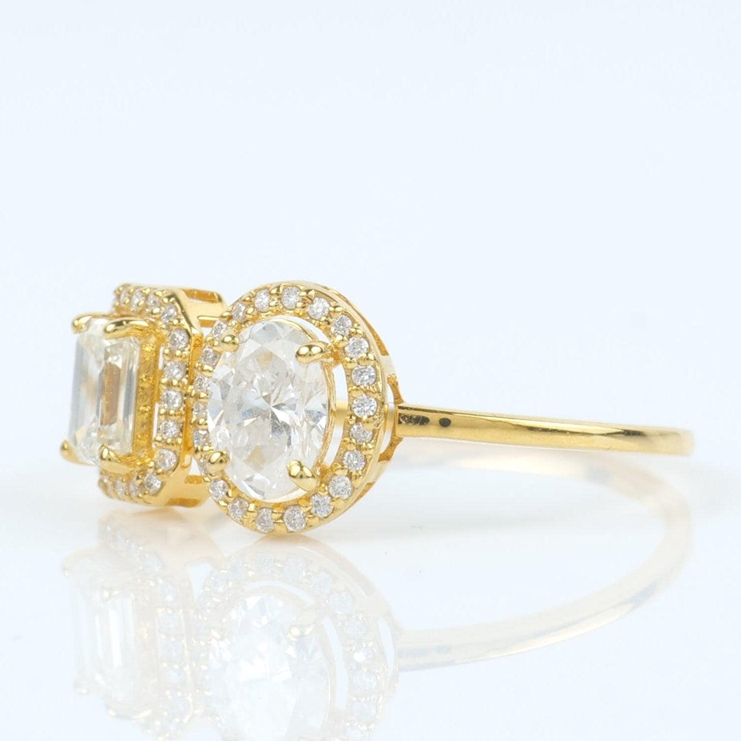 Twin Solitaire Halo Diamond Ring, 14k Solid Gold, Natural Diamonds, Oval Emerald Cut Ring, Toi et Moi Statement Ring, Certified Jewelry