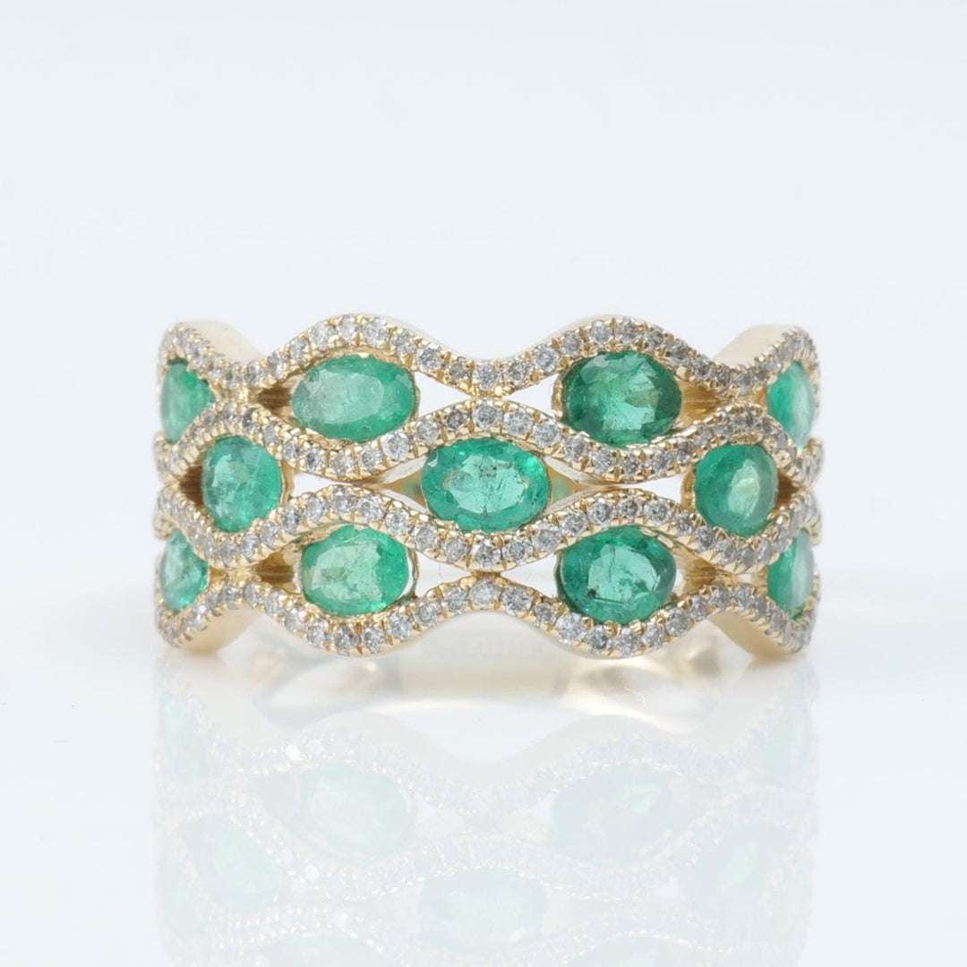 Emerald Wave Diamond Band Ring, 14k Solid Gold, Natural Diamonds, Multi Row Gemstone Ring, Cocktail Statement Band, Certified Jewelry