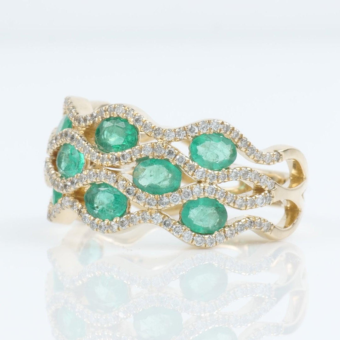 Emerald Wave Diamond Band Ring, 14k Solid Gold, Natural Diamonds, Multi Row Gemstone Ring, Cocktail Statement Band, Certified Jewelry
