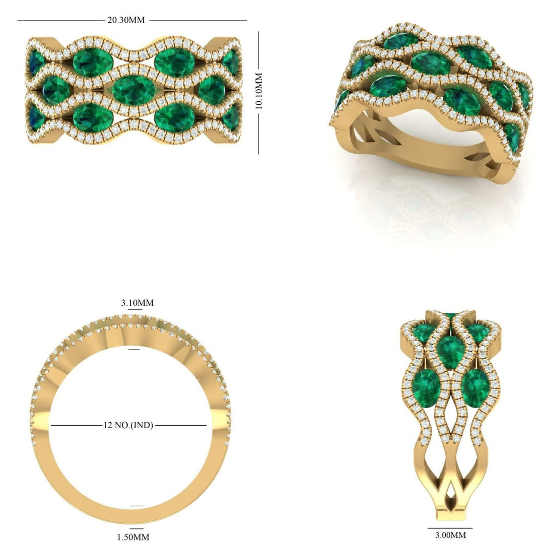 Emerald Wave Diamond Band Ring, 14k Solid Gold, Natural Diamonds, Multi Row Gemstone Ring, Cocktail Statement Band, Certified Jewelry