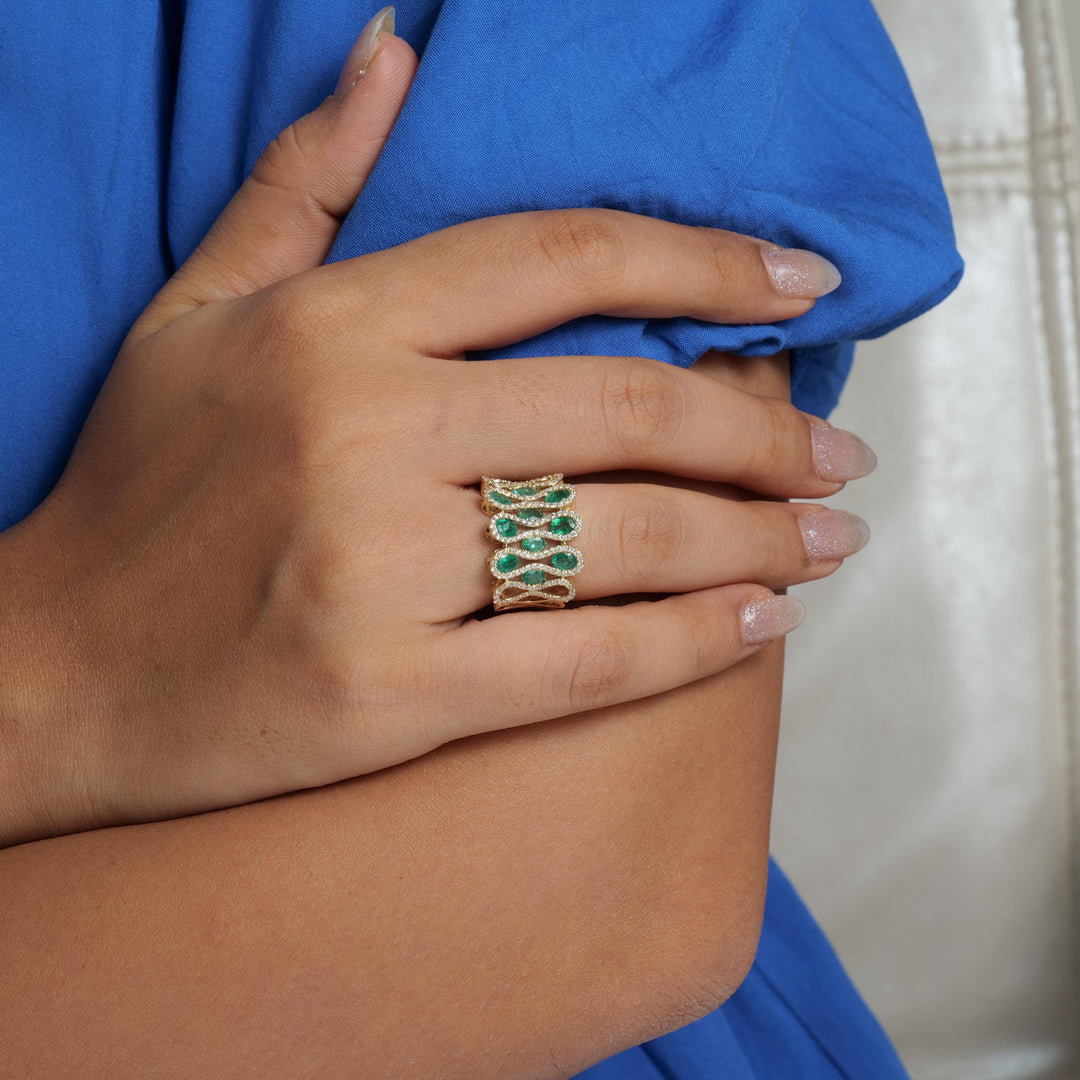 Emerald Wide Band Diamond Ring, 14k Solid Gold, Natural Diamonds, Gemstone Geometric Ring, Statement Cocktail Ring, Certified Jewelry