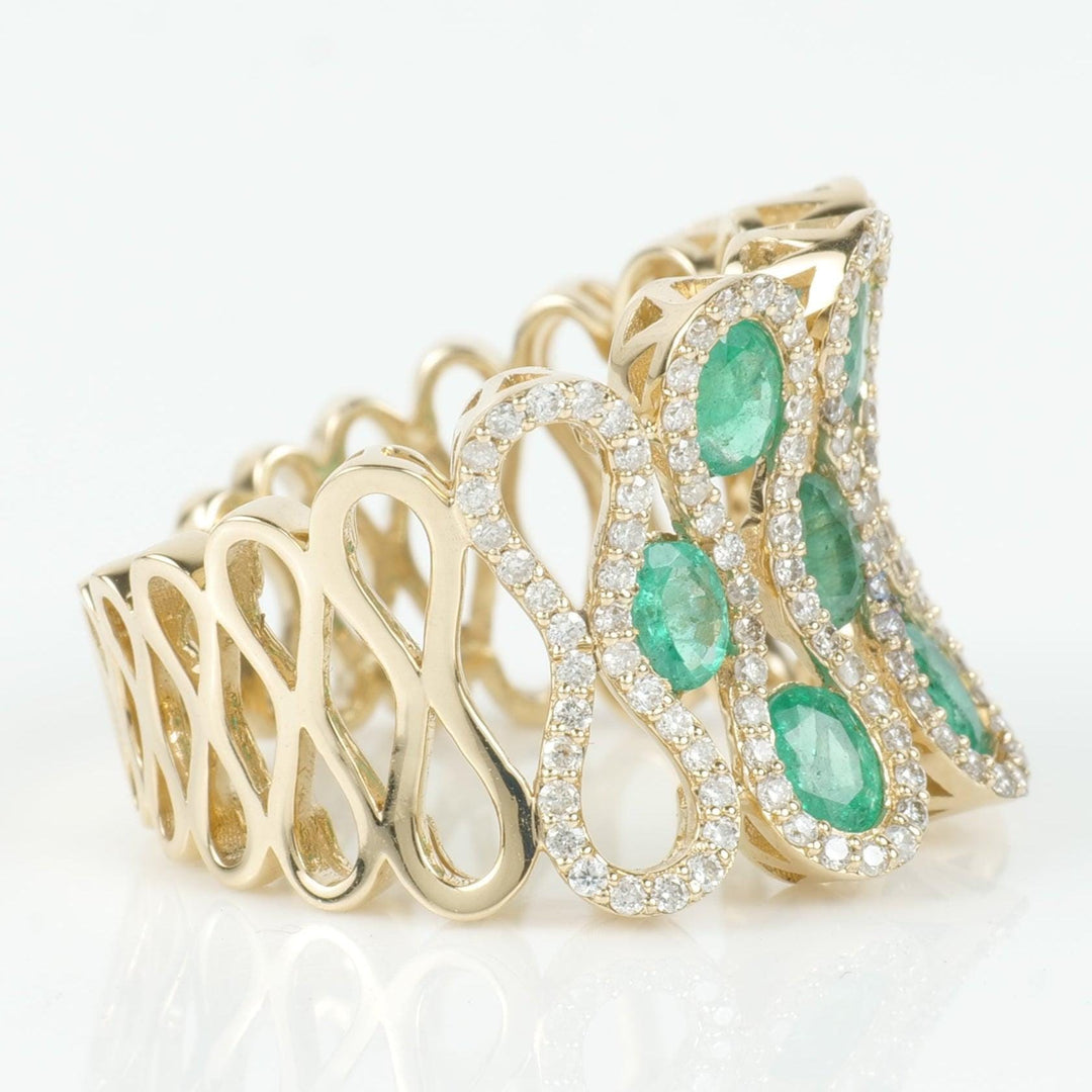 Emerald Wide Band Diamond Ring, 14k Solid Gold, Natural Diamonds, Gemstone Geometric Ring, Statement Cocktail Ring, Certified Jewelry