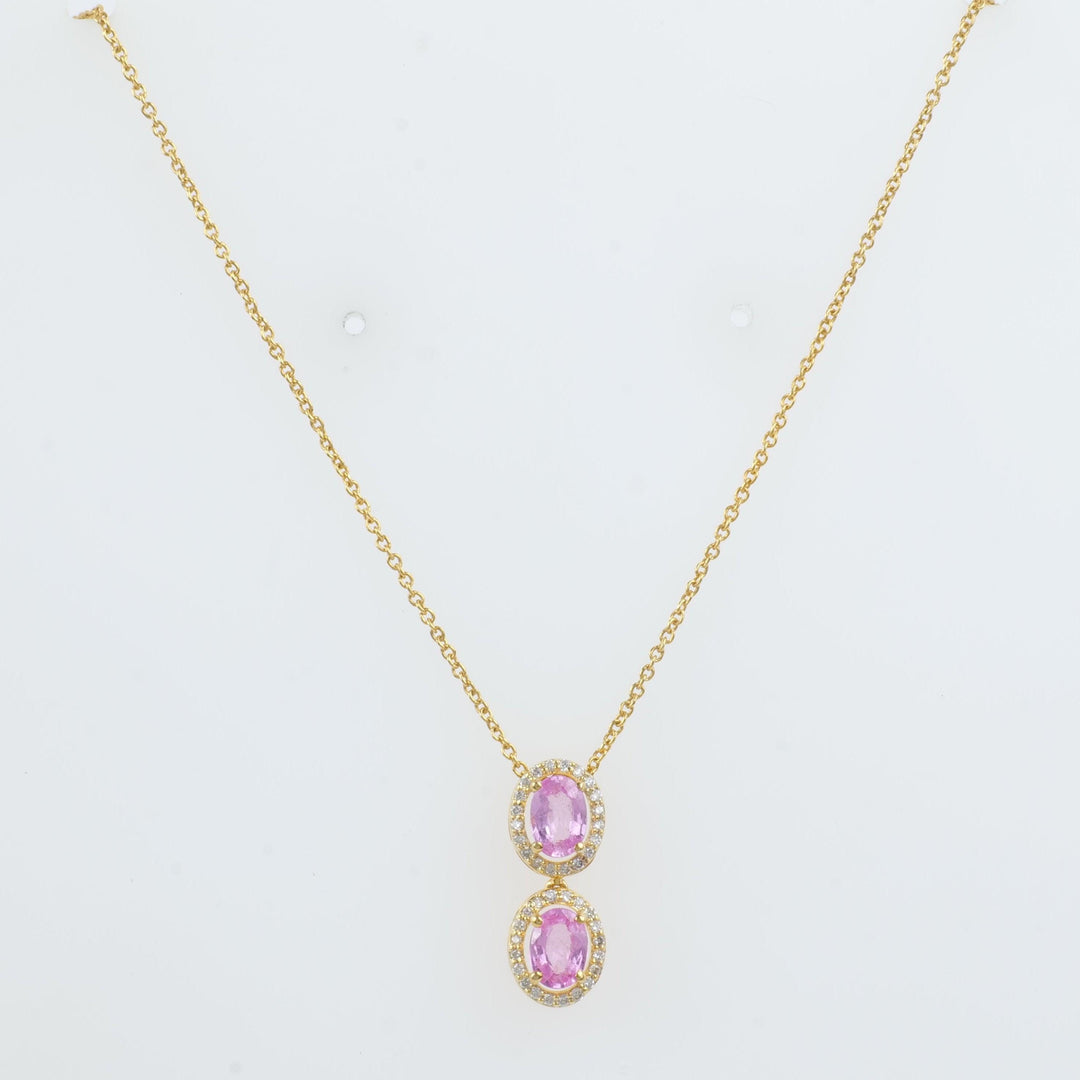 Oval Natural Pink Sapphire Halo Diamond Necklace: 14k Solid Gold Gemstone Stacking Jewellery, Double Drop Chain, Certified Jewelry