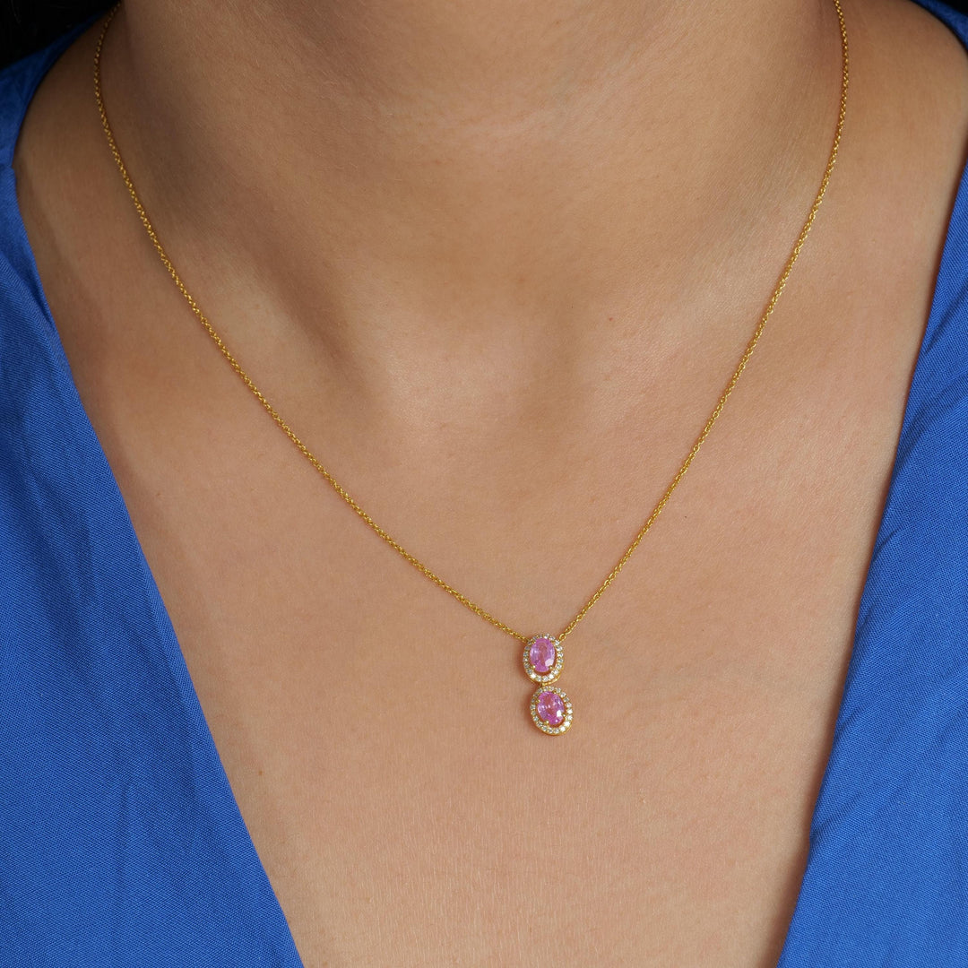 Oval Pink Sapphire Halo Diamond Necklace, 14k Solid Gold, Natural Diamonds, Gemstone Stacking Necklace, Double Drop Chain, Certified Jewelry