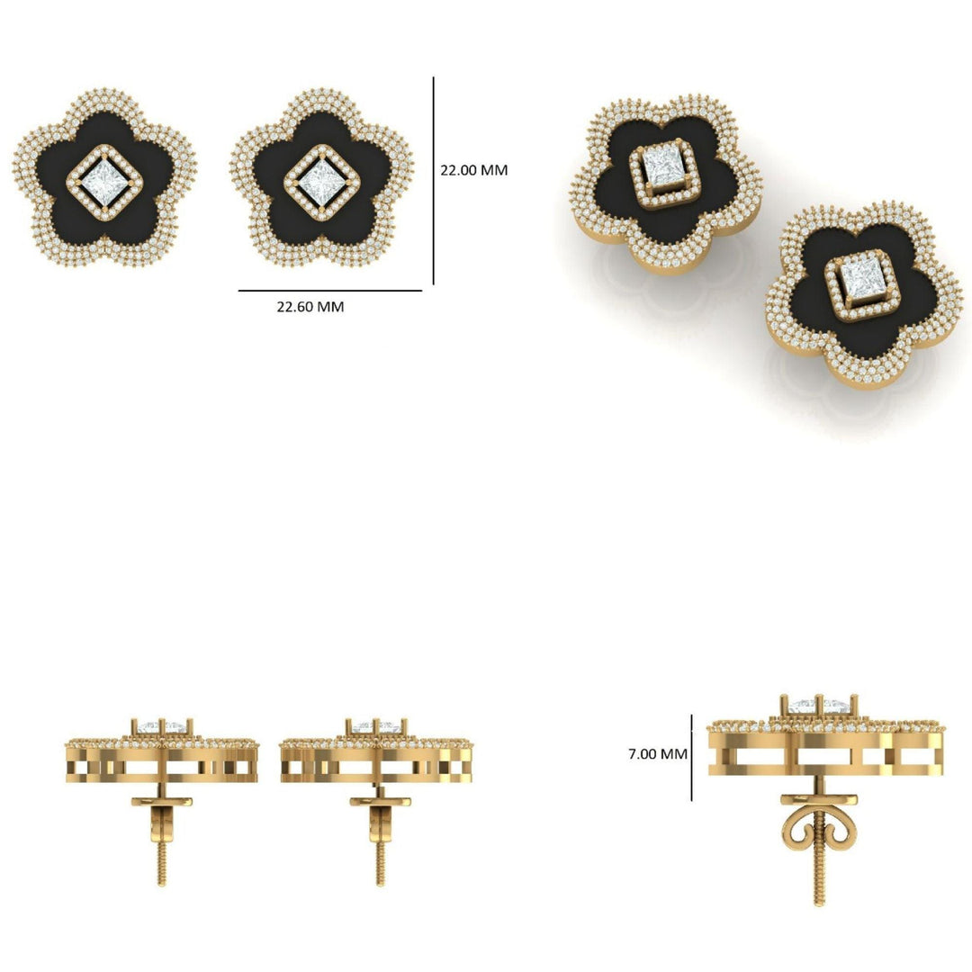 Onyx Flower Diamond Stud Earrings, 14k Solid Gold, Fancy Natural Diamonds, Floral Halo Studs, Gemstone Statement Earrings, Certified Jewelry