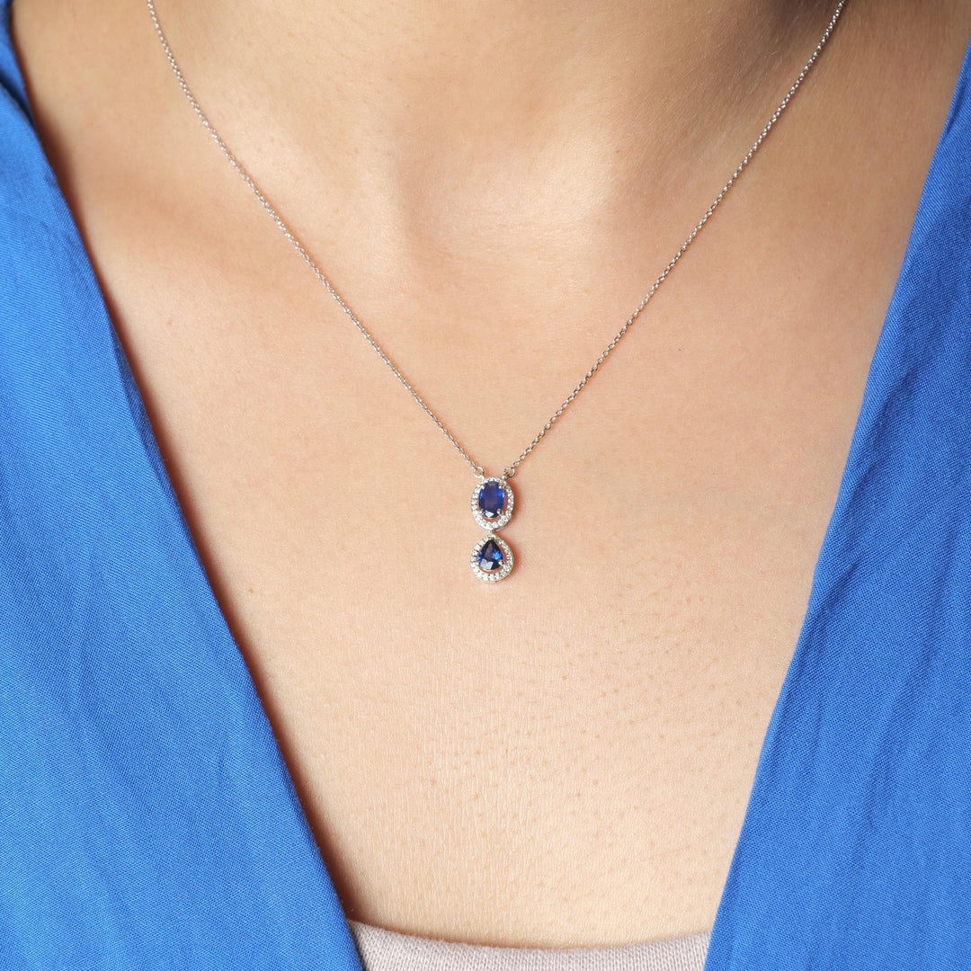 Oval Blue Sapphire Halo Diamond Necklace, 14k Solid Gold, Natural Diamond, Gemstone Stacking Necklace, Minimalist Pendant, Certified Jewelry
