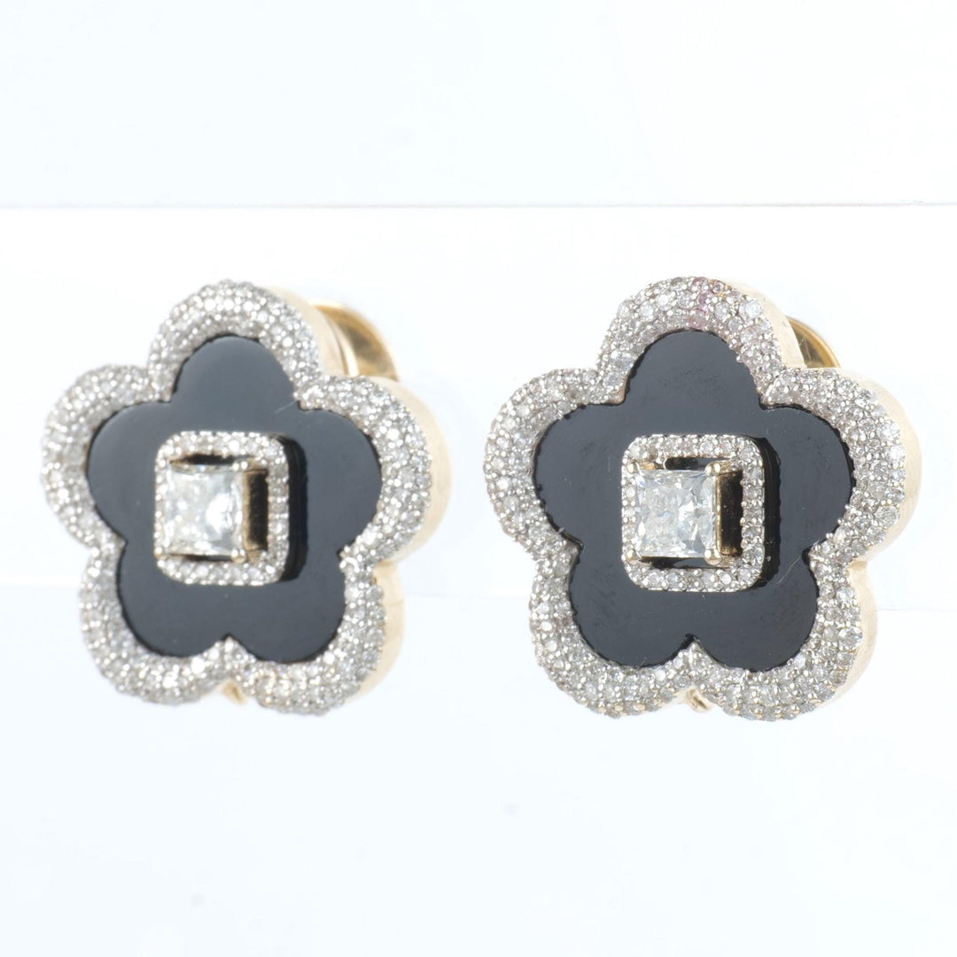 Onyx Flower Diamond Stud Earrings, 14k Solid Gold, Fancy Natural Diamonds, Floral Halo Studs, Gemstone Statement Earrings, Certified Jewelry