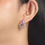 Load image into Gallery viewer, Pink Sapphire Diamond Studs Earrings, 14k Solid Gold, Natural Diamonds, Gemstone Statement Studs, Semi Circle Hoops, Certified Jewelry
