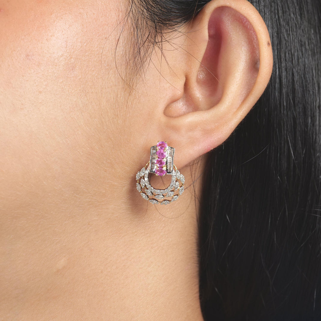 Pink Sapphire Diamond Studs Earrings, 14k Solid Gold, Natural Diamonds, Gemstone Statement Studs, Semi Circle Hoops, Certified Jewelry