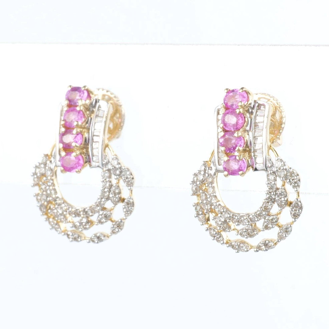 Pink Sapphire Diamond Studs Earrings, 14k Solid Gold, Natural Diamonds, Gemstone Statement Studs, Semi Circle Hoops, Certified Jewelry