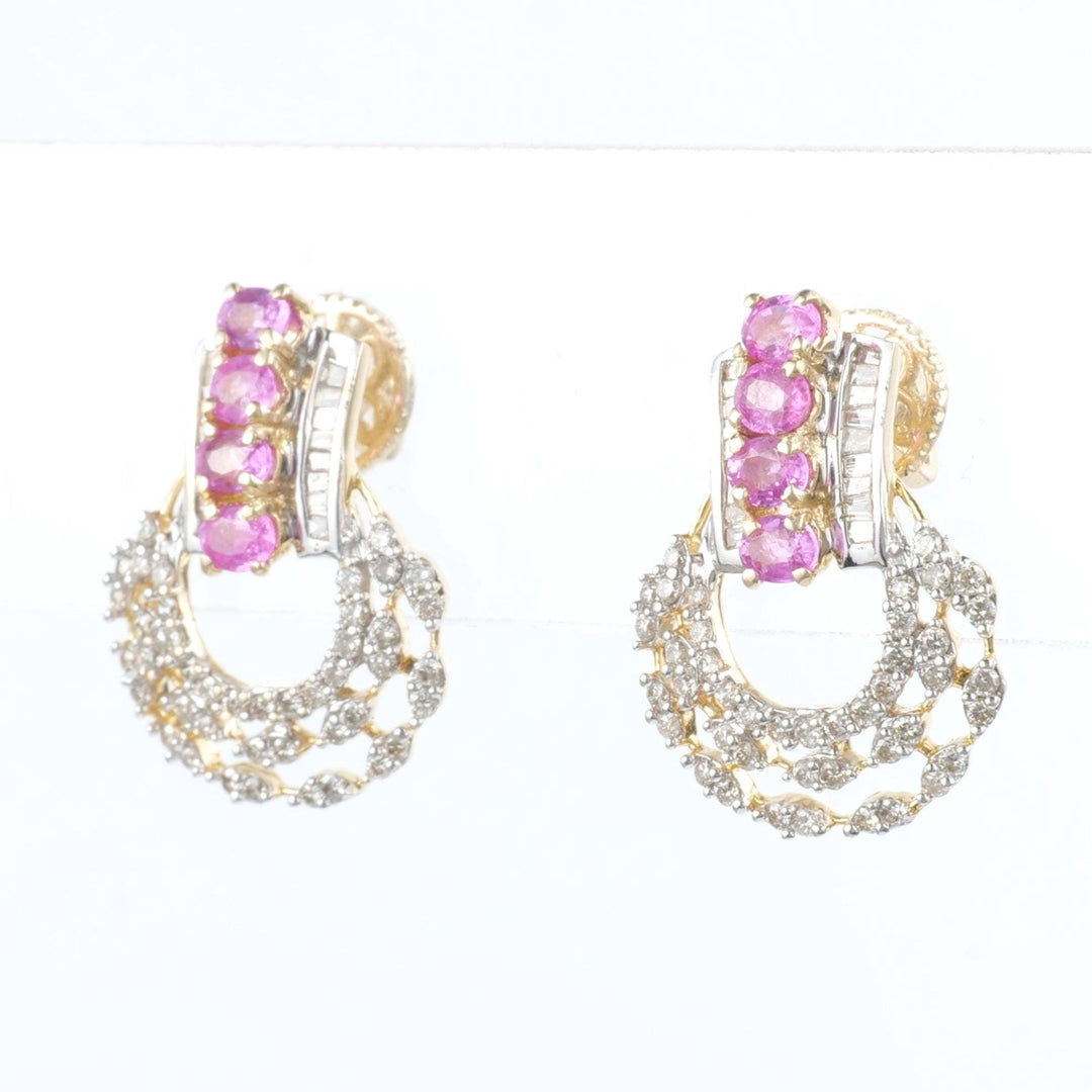 Pink Sapphire Diamond Studs Earrings, 14k Solid Gold, Natural Diamonds, Gemstone Statement Studs, Semi Circle Hoops, Certified Jewelry