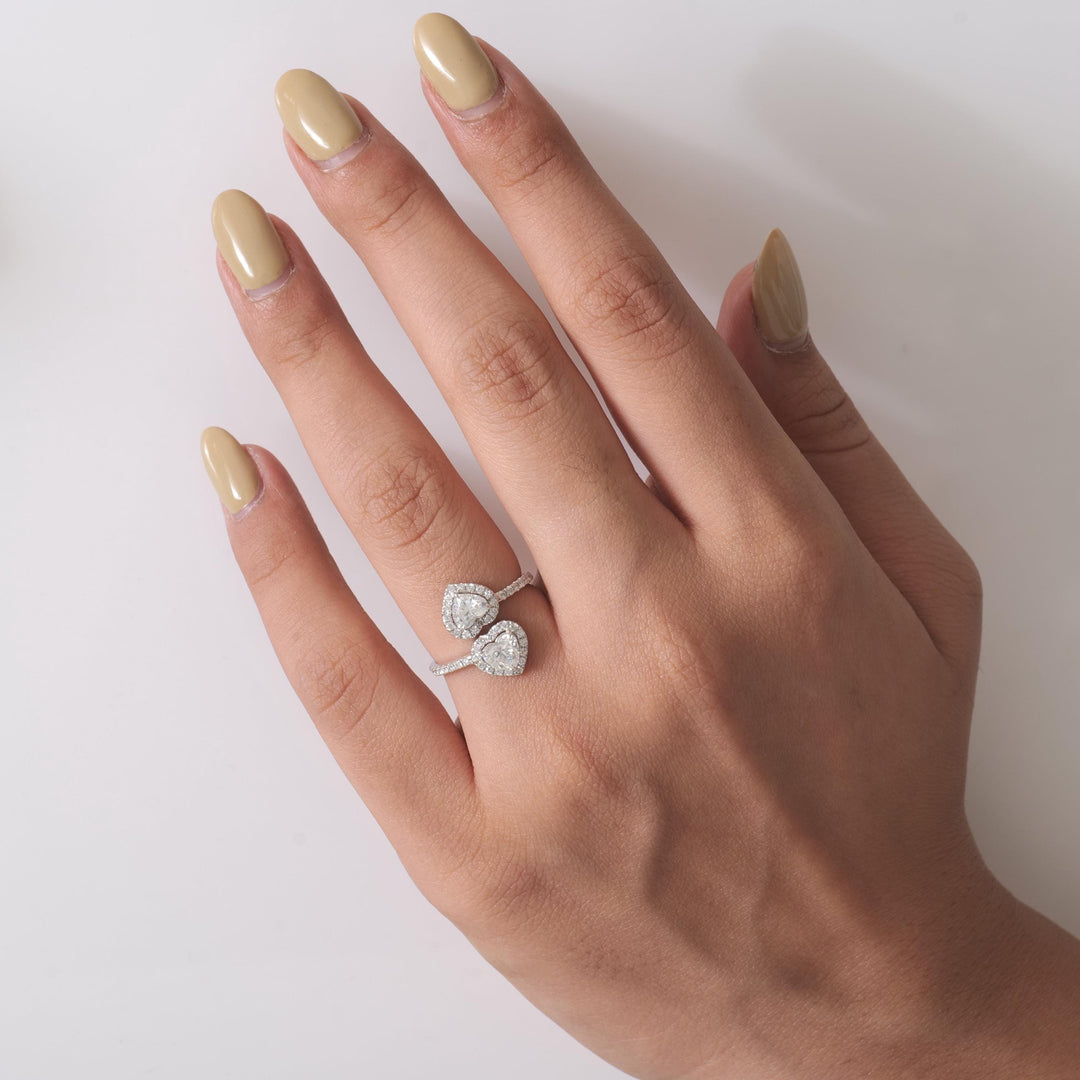 Double Heart Diamond Bypass Ring, 14k Solid Gold, Natural Diamonds, Two Stone Open Wrap Ring, Statement Love Cuff Ring, Certified Jewelry