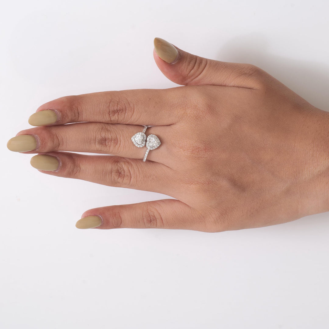 Double Heart Diamond Bypass Ring, 14k Solid Gold, Natural Diamonds, Two Stone Open Wrap Ring, Statement Love Cuff Ring, Certified Jewelry