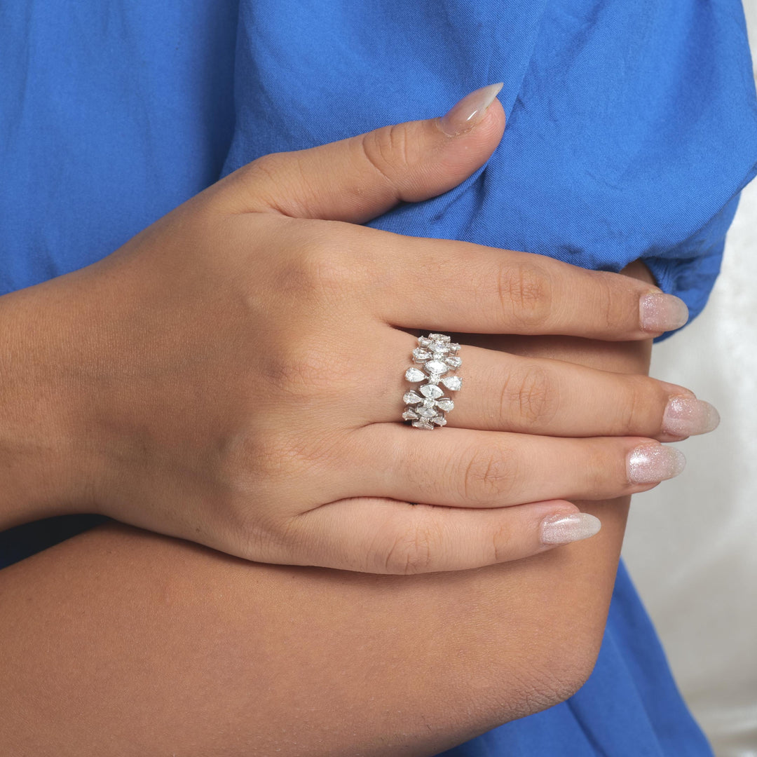 Cluster Floral Fancy Diamond Ring, 14k Solid Gold, Natural Diamonds, Marquise Pear Cut Design, Cocktail Statement Ring, Certified Jewelry