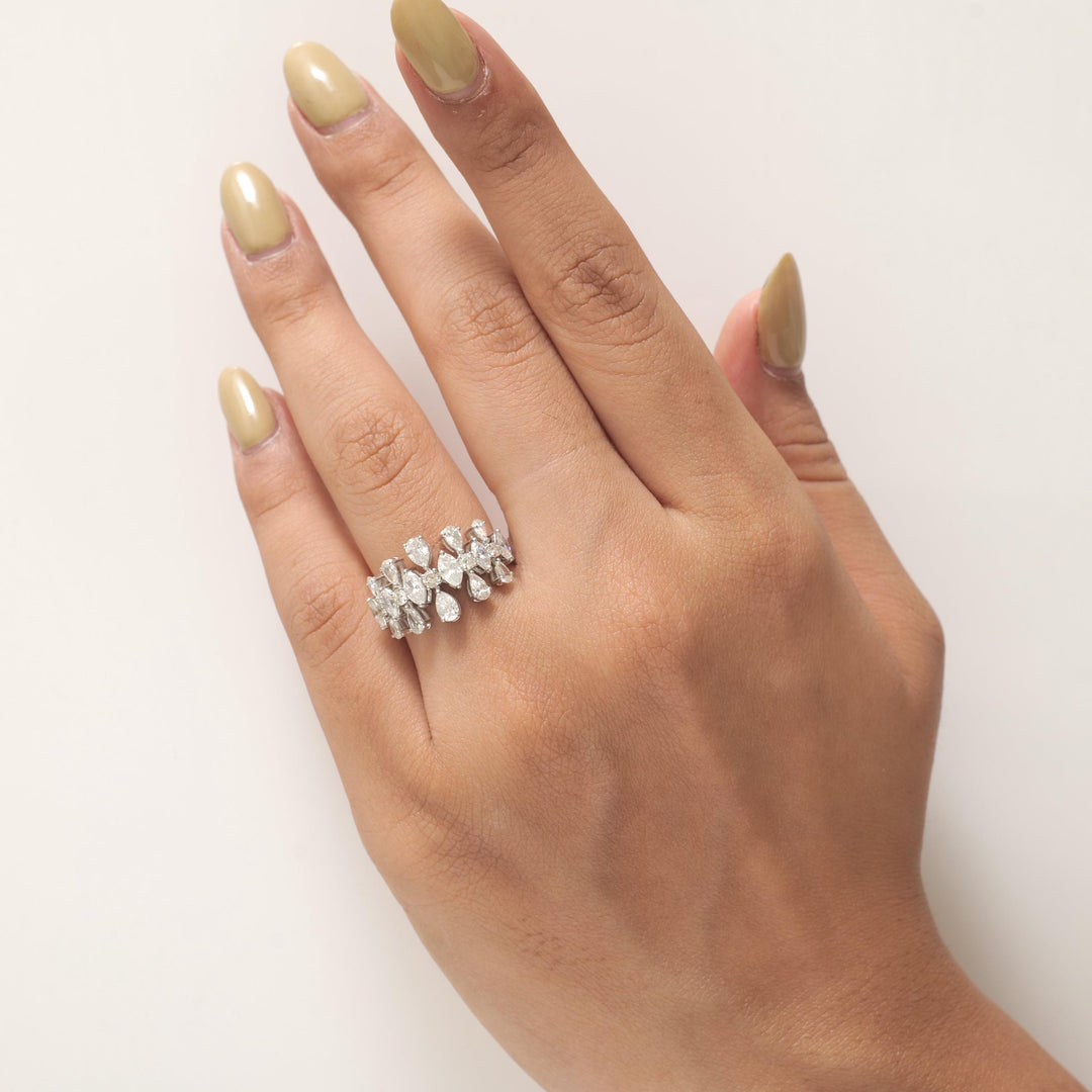 Cluster Floral Fancy Diamond Ring, 14k Solid Gold, Natural Diamonds, Marquise Pear Cut Design, Cocktail Statement Ring, Certified Jewelry