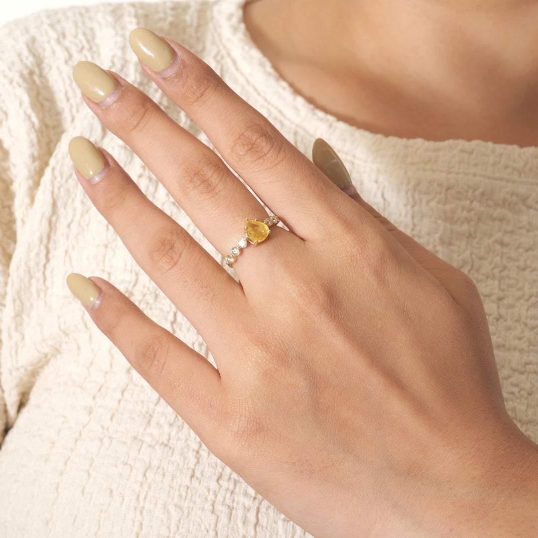 Pear Yellow Sapphire Natural Diamond Ring: 14k Solid Gold Gemstone Everyday Band Jewellery, Certified Jewelry