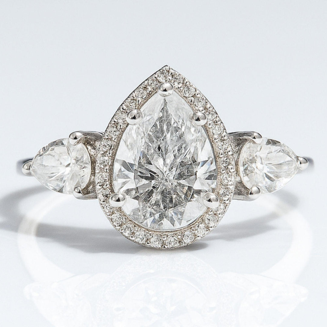 Pear Solitaire Halo Diamond Ring, 14k Solid Gold, Natural Diamonds, Teardrop Three Stone Ring, Statement Engagement Ring, Certified Jewelry