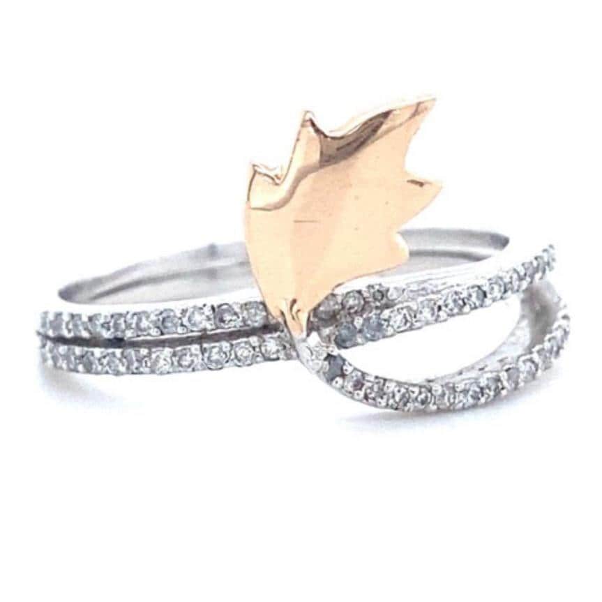 Feather Diamond Ring, Split Shank, 14k Solid Gold, Natural Diamonds, Stackable Ring, Two Tone Floral Jewelry, Ready To Ship